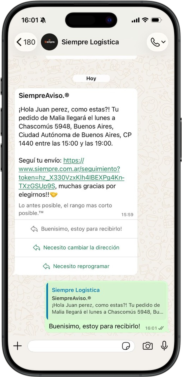 WhatsApp de Siempre Aviso avisando que el pedido llega el lunes